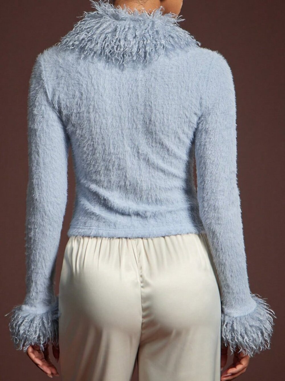 Blue Casual Women's Fitted With faux Fur Collar Knitted Cardigan - Picture 3 of 6